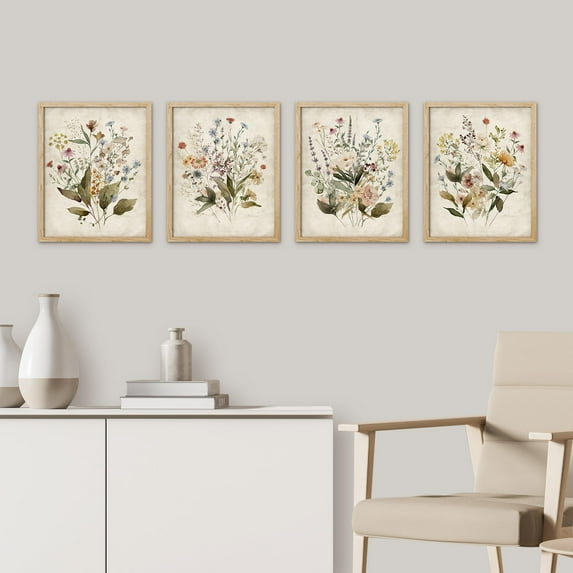 PixonSign Framed Wall Art Vintage Wildflower Bouquet Antique Botanical Illustrations Posters, Set of 4 Scenic Multicolor Nature Wilderness Canvas Prints for Home Decor - 12"x16" Natural