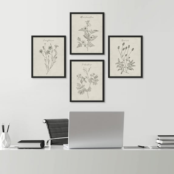 PixonSign Framed Wall Art, Vintage Wildflower Prints, Set of 4 Plant Floral Collage Drawing Wall Decor, Nature Wilderness Botanical Modern Wall Décor for Living Room, Bedroom, Office - 11"x14" Black