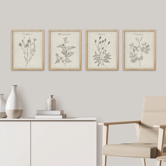 PixonSign Framed Wall Art, Vintage Wildflower Prints, Set of 4 Plant Floral Collage Drawing Wall Decor, Nature Wilderness Botanical Modern Wall Décor for Living Room, Bedroom, Office - 8"x10" Natural