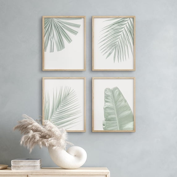 PixonSign Framed Wall Art Washed Out Banana Palm Leaf, Set of 4 Pastel Tropical Plant Wall Decor Arts, Nature Botanical Wall Décor, Adhesive Canvas Poster, Modern Home Artwork - 8"x10" Natural