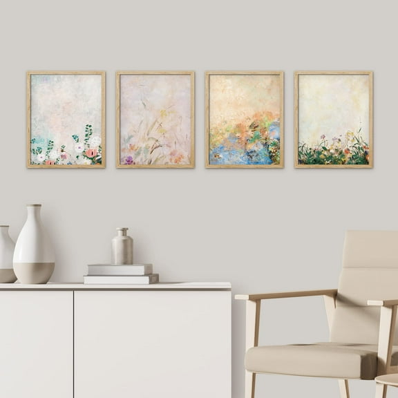 PixonSign Framed Wall Art Watercolor Botanical Garden Prints, Set of 4 Nature Colorful Pastel Paintings, Retro Wall Décor, Wildflower Plant Vintage Adhesive Canvas Posters - 11"x14" Natural