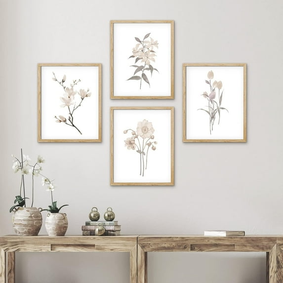 PixonSign Framed Wall Art Watercolor Cherry Blossoms & Daisy Prints, Flowers Adhesive Canvas Poster, Set of 4 Nature Wilderness Wall Decor, Botanical Floral Home Wall Décor - 11"x14" Natural