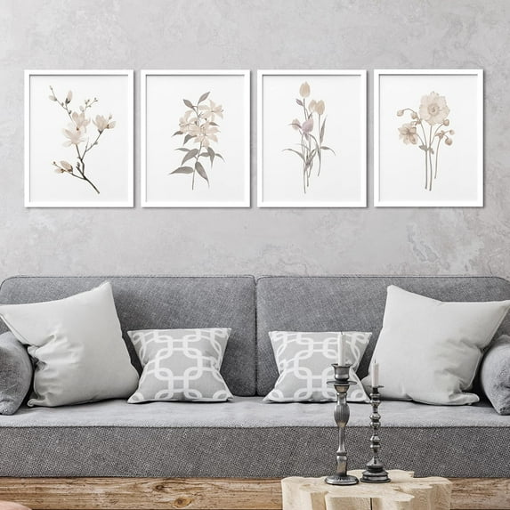 PixonSign Framed Wall Art Watercolor Cherry Blossoms & Daisy Prints, Flowers Adhesive Canvas Poster, Set of 4 Nature Wilderness Wall Decor, Botanical Floral Home Wall Décor - 12"x16" White