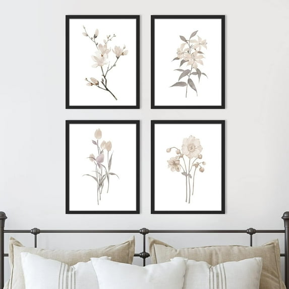 PixonSign Framed Wall Art Watercolor Cherry Blossoms & Daisy Prints, Flowers Adhesive Canvas Poster, Set of 4 Nature Wilderness Wall Decor, Botanical Floral Home Wall Décor - 12"x16" Black