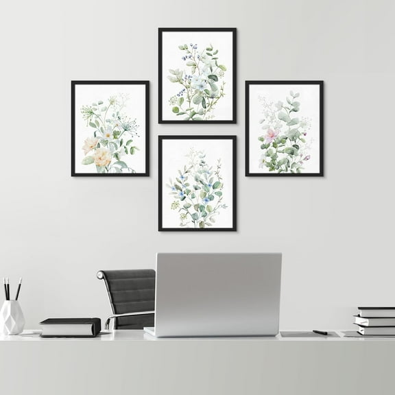 PixonSign Framed Wall Art Watercolor Greenery and White Flower Posters, Set of 4 Elegant Botanical Floral Illustrations Wall Decor, Adhesive Canvas Prints for Home Decor - 12"x16" Black