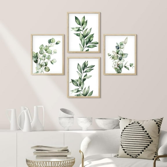 PixonSign Framed Wall Art Watercolor Pastel Green Leave & Cotton, Set of 5 Nature Plants Wall Decor Arts, Floral Wall Décor, Adhesive Canvas Posters, Modern Home Artwork - 11"x14" Natural