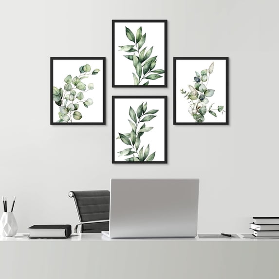PixonSign Framed Wall Art Watercolor Pastel Green Leave & Cotton, Set of 8 Nature Plants Wall Decor Arts, Floral Wall Décor, Adhesive Canvas Posters, Modern Home Artwork - 8"x10" Black