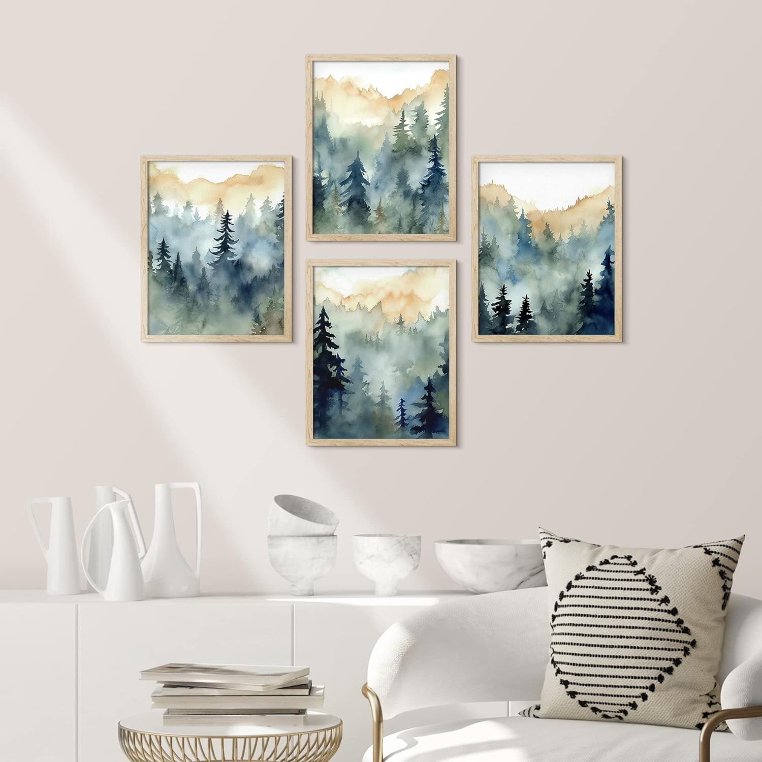 PixonSign Framed Wall Art Watercolor Pine Tree Forest Mountain, Set of ...