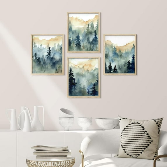 PixonSign Framed Wall Art Watercolor Pine Tree Forest Mountain, Set of 4 Nature Wilderness Wall Decor Prints, Floral Wall Décor, Adhesive Canvas Poster, Modern Home Artwork - 11"x14" Natural