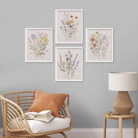 PixonSign Framed Wall Art Watercolor Wildflowers Exhibition Posters, Set of 4 Colorful Flowers Botanical Illustrations Wall Decor, Farmhouse Adhesive Canvas Prints for Home Decor -