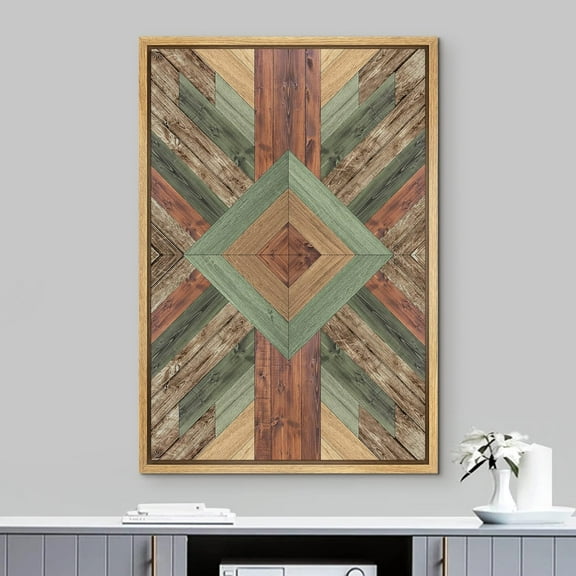 PixonSign Framed Wall Art Western Decor Diamond Polygon Collage Abstract Geometric Wood Panels Woodblock Modern Art Country/Farmhouse Multicolor Canvas Prints for Home Decor -
