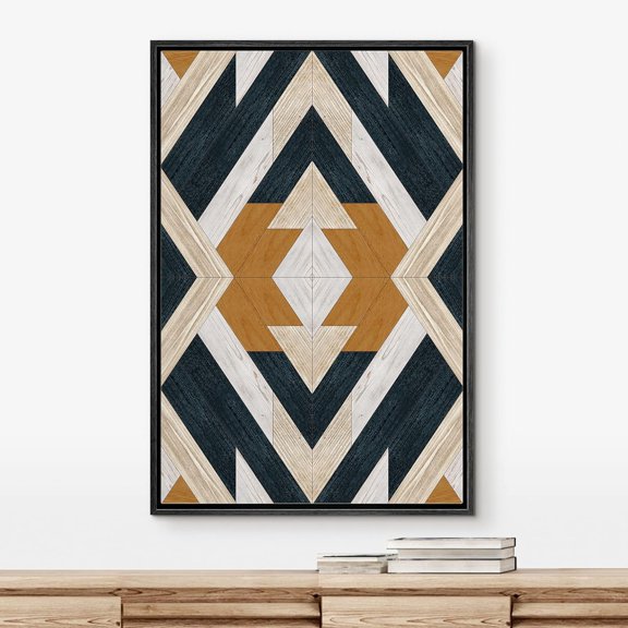 PixonSign Framed Wall Art Western Decor Geometric Black, Brown & White Triangle Insignia Abstract Wood Panels Boho Woodblock Farmhouse Multicolor Canvas Prints for Home Decor -