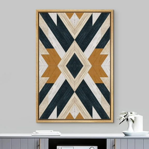 PixonSign Framed Wall Art Western Decor Geometric Black, White & Brown Diamond Insignia Abstract Wood Panels Boho Woodblock Farmhouse Multicolor Canvas Prints for Home Decor -