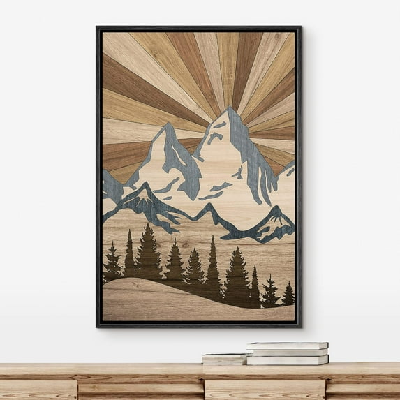 PixonSign Framed Wall Art Western Decor Winter Snowy Mountain Forest Landscape Geometric Wood Panels Woodblock Modern Art Country/Farmhouse Multicolor Canvas Prints for Home Decor -