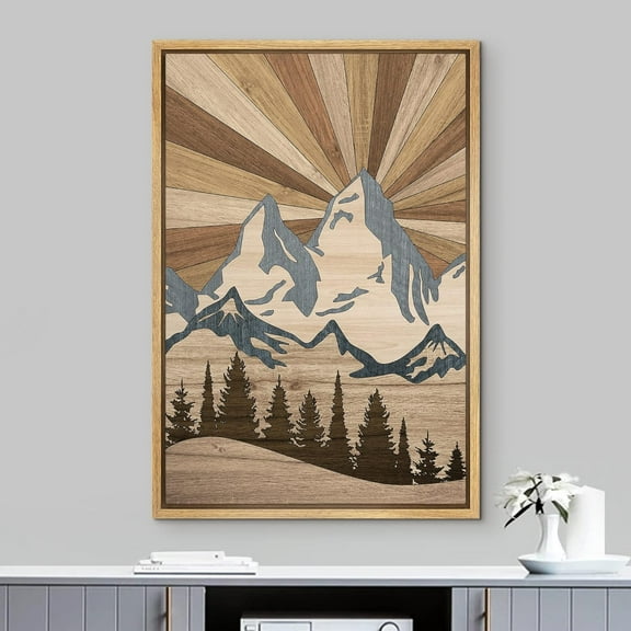 PixonSign Framed Wall Art Western Decor Winter Snowy Mountain Forest Landscape Geometric Wood Panels Woodblock Modern Art Country/Farmhouse Multicolor Canvas Prints for Home Decor -