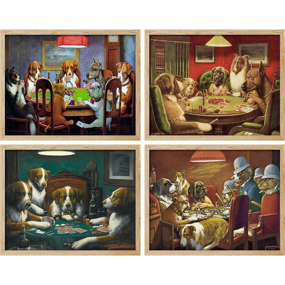 PixonSign Framed Wall Art Whimsical Dog Playing Poker Game Posters, Set of 4 Humorous Canine-Themed Fine Art Vintage Canvas Prints, Grotesque Wall Décor for Home Decor - 11"x14" Natural