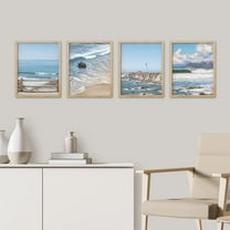 PixonSign Framed Wall Art, White Aerial View Blue Ocean Wave Beach Shore Posters, Set of 4 Seaside Landscape Wall Decor Prints, Nature Wilderness Wall Décor for Living Room, Bedroom -8"x10" Natural