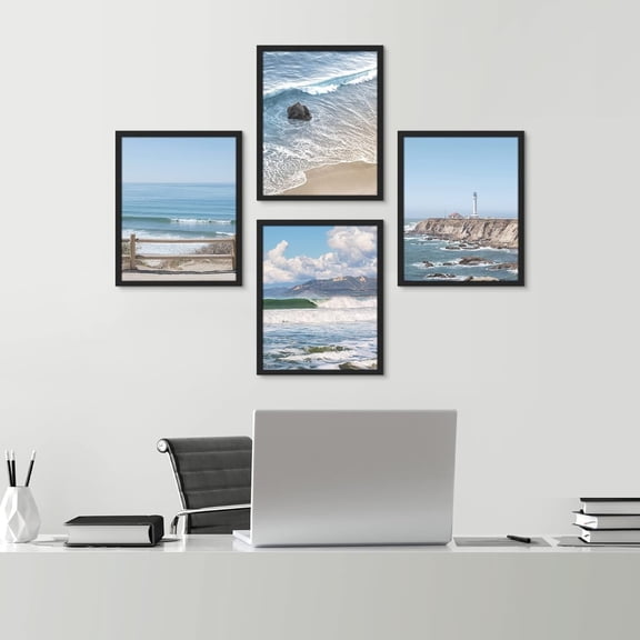 PixonSign Framed Wall Art, White Aerial View Blue Ocean Wave Beach Shore Posters, Set of 4 Seaside Landscape Wall Decor Prints, Nature Wilderness Wall Décor for Living Room, Bedroom -12"x16" Black