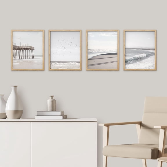 PixonSign Framed Wall Art, White Minimalist California Ocean Beach Seashore Pier Posters, Set of 4 Sea Landscape Wall Decor Prints, Nature Wilderness Wall Décor for Living Room - 8"x10" Natural