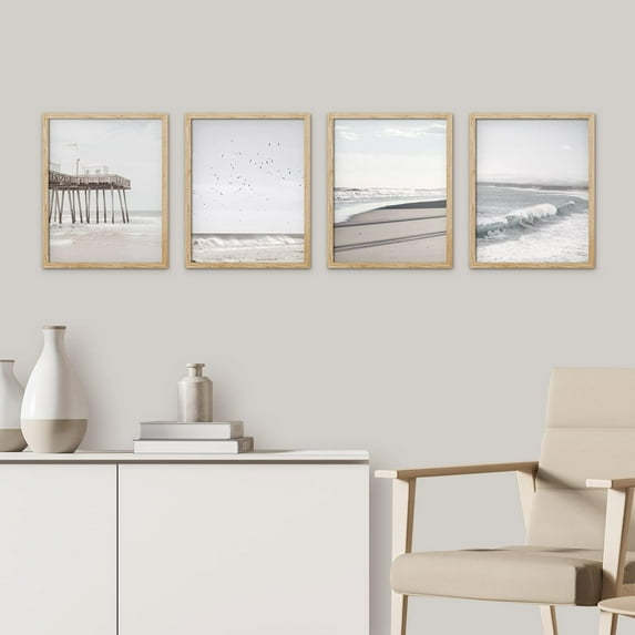 PixonSign Framed Wall Art, White Minimalist California Ocean Beach Seashore Pier Posters, Set of 4 Sea Landscape Wall Decor Prints, Nature Wilderness Wall Décor for Living Room - 12"x16" Natural