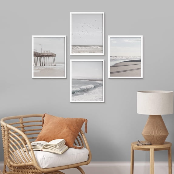 PixonSign Framed Wall Art, White Minimalist California Ocean Beach Seashore Pier Posters, Set of 4 Sea Landscape Wall Decor Prints, Nature Wilderness Wall Décor for Living Room - 8"x10" White