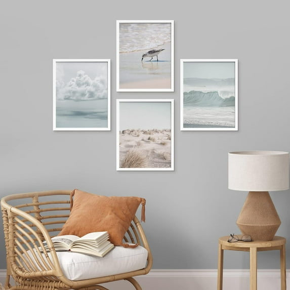 PixonSign Framed Wall Art White Nautical Ocean Sea Beach Grass Seagull Posters, Set of 4 Seaside Landscape Wall Decor Prints, Nature Wilderness Wall Décor for Living Room, Bedroom - 8"x10" White