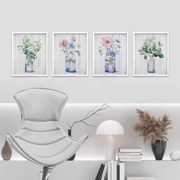 PixonSign Framed Wall Art Wildflower Bouquets in The Bottles Prints, Set of 4 Nature Wildernes Paintings, Rustic Wall Décor, Flower Plants Adhesive Canvas Poster for Home Decor - 8"x10" White
