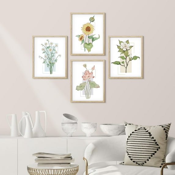 PixonSign Framed Wall Art Wildflower Forest Bouquet Prints, Set of 4 Floral Plants Wall Decor Arts, Nature Wilderness Wall Décor, Adhesive Canvas Poster, Modern Home Artwork - 11"x14" Natural