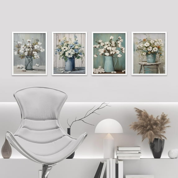 PixonSign Framed Wall Art Wildflowers in Vases Prints, Set of 4 Countryside Farm Wood Panel Paintings, Colorful Wall Décor, Floral Adhesive Canvas Posters for Home Decor - 12"x16" White