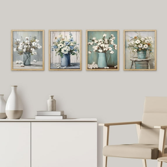 PixonSign Framed Wall Art Wildflowers in Vases Prints, Set of 4 Countryside Farm Wood Panel Paintings, Colorful Wall Décor, Floral Adhesive Canvas Posters for Home Decor - 11"x14" Natural