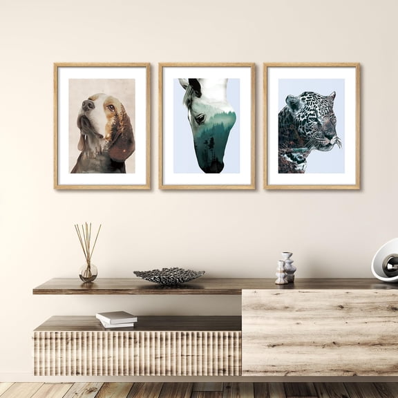 PixonSign Framed Wall Art Wildlife Double Exposure Posters, Set of 3 Nature Wilderness Animals Portrait Illustrations Wall Decor, Adhesive Canvas Prints for Home Decor - 8"x10" Natural