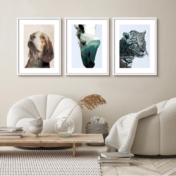 PixonSign Framed Wall Art Wildlife Double Exposure Posters, Set of 3 Nature Wilderness Animals Portrait Illustrations Wall Decor, Adhesive Canvas Prints for Home Decor - 8"x10" White