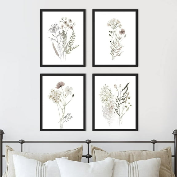 PixonSign Framed Wall Art Winter Autumn Brown Wildflowers Posters, Set of 4 Nature Wilderness Wall Decor Prints, Botanical Floral Wall Décor, Rustic Classic Countryside Artwork - 12"x16" Black