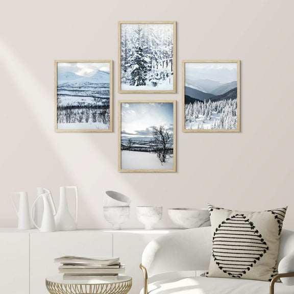 PixonSign Framed Wall Art Winter Snow Frost Mountain Tree Landscape Prints, Set of 4 Nature Wilderness Wall Decor Arts, Wall Décor, Adhesive Canvas Poster, Modern Home Artwork - 11"x14" Natural