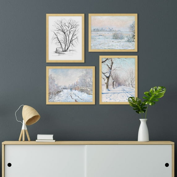 PixonSign Framed Wall Art Winter Snowy Trees, Set of 4 White Frozen Forest Wall Decor Arts, Classic Nature Landscape Wall Décor, Adhesive Canvas Poster, Modern Home Artwork - 8"x10" Natural