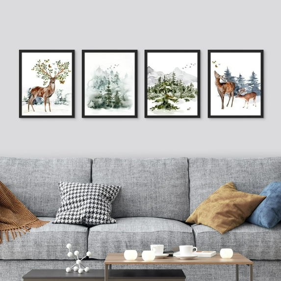 PixonSign Framed Wall Art Winter Wildlife Deer in Snowy Landscape Posters, Set of 4 Multicolor Animal Botanical Canvas Prints, Nature Wilderness Wall Décor for Home Decor - 11"x14" Black