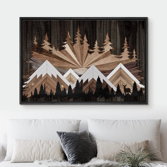 PixonSign Framed Wall Art Wood Panel Snowy Mountains Nature Wilderness Modern Art Country/Farmhouse Rustic Multicolor Canvas Prints Fine Art for Bedroom, Office -