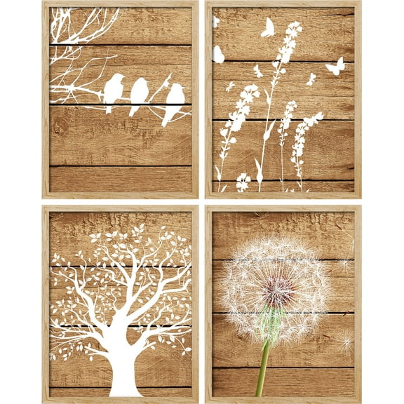 PixonSign Framed Wall Art Wood Panel Tree Dandelion Bird Silhouettes Illustrations Posters, Set of 4 Nature Wilderness Digital Art Minimalism Canvas Prints for Home Decor - 11"x14" Natural