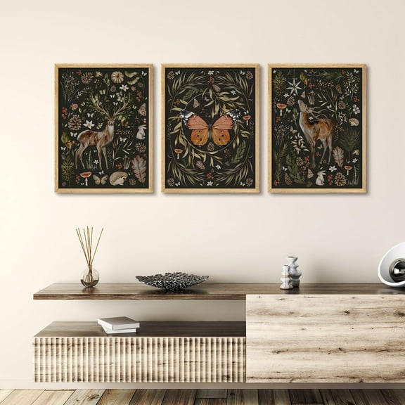 PixonSign Framed Wall Art Woodland Fauna & Flora with Deer and Butterfly Posters, Set of 3 Minimalist Wildflowers Illustrations Wall Decor, Adhesive Canvas Prints for Home Decor - 8"x10" Natural