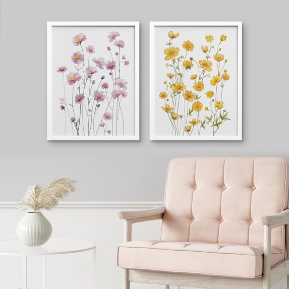 PixonSign Framed Wall Art Yellow & Pink Wildflowers Posters, Set of 2 Nature Wilderness Floral Botanical Boho Illustrations Wall Decor, Adhesive Canvas Prints for Home Decor - 12"x16" White
