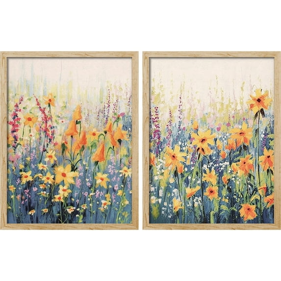 PixonSign Framed Wall Art Yellow Wildflowers Garden Floral Posters, Set of 2 Nature Pastel Botanical Field Illustrations Wall Decor, Adhesive Canvas Prints for Home Decor - 12"x16" Natural