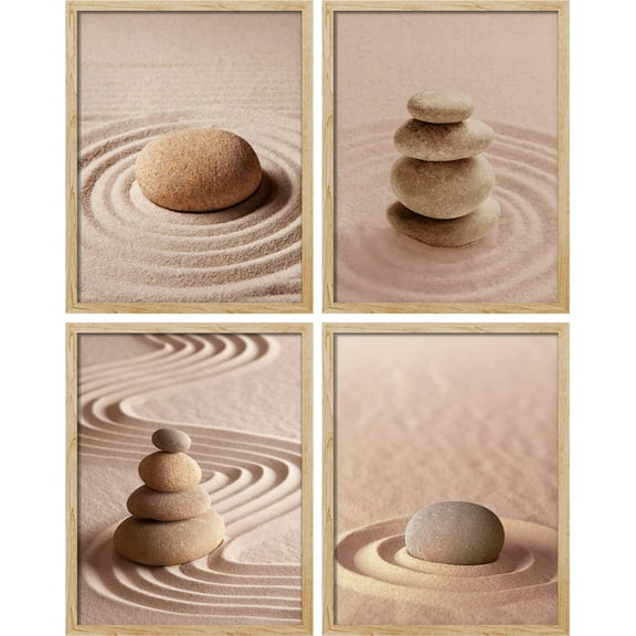 PixonSign Framed Wall Art Zen Garden Tan Massage Stone Meditation Spa Posters, Set of 4 Nature Wilderness Modern Art, Nature Minimalism Canvas Prints for Home Decor - 11"x14" Natural