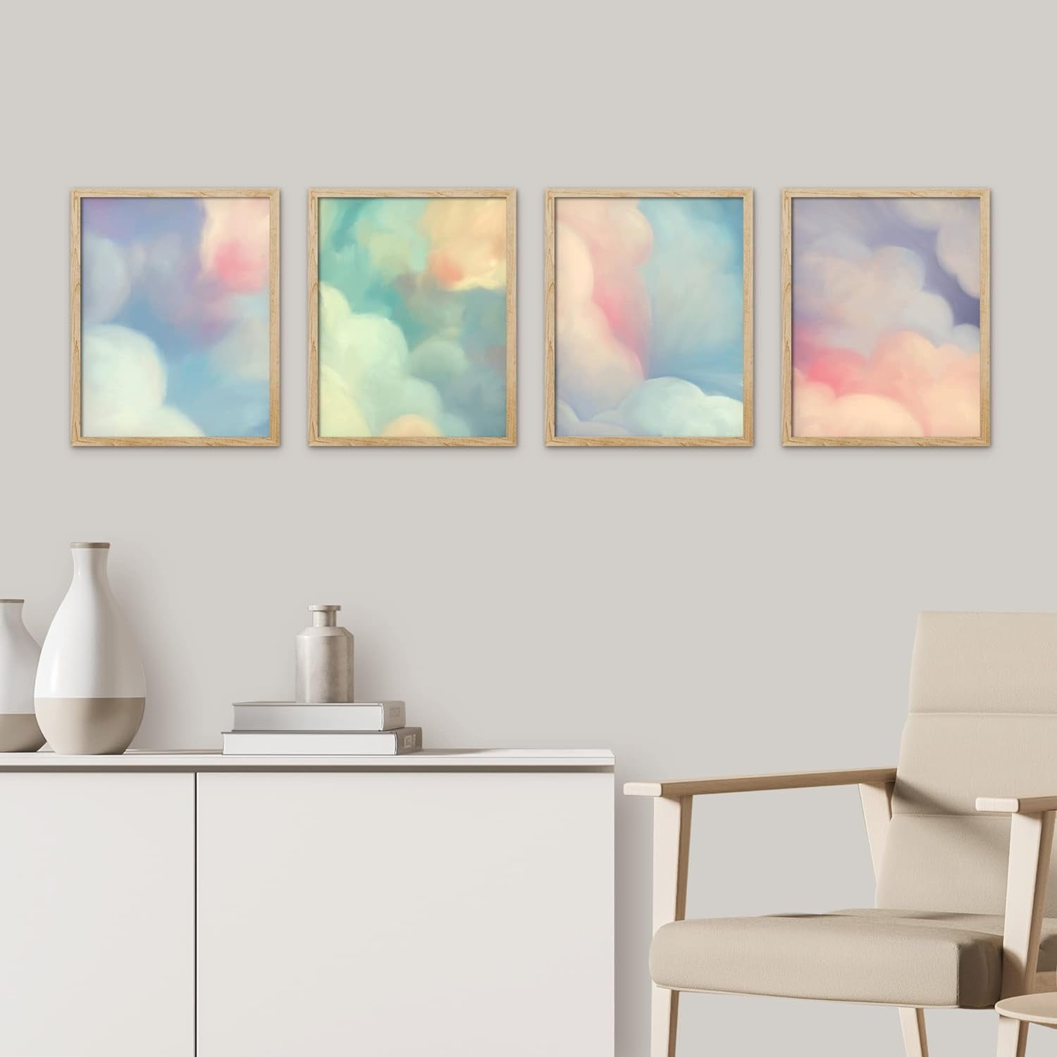 PixonSign Framed White Pastel Watercolor Rainbow Sky Clouds Wall Art ...