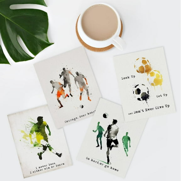 PixonSign Frameless Paints Stroke Soccer Players Football Wall Art, Set of 4 Boy's Bedroom Illustration Wall Decor, Modern Adhesive Canvas Poster, Multicolor Contemporary Wall Décor - 11"x14"