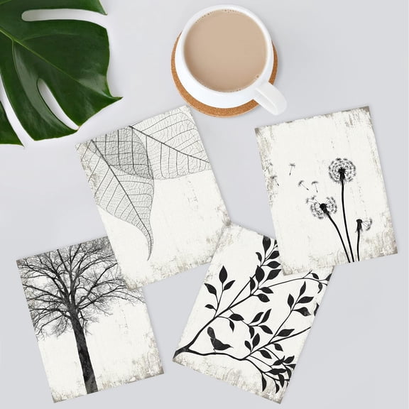 PixonSign Frameless Posters Black & White Forest Tree Leaf Dandelion Prints, Set of 4 Country Farmhouse Plants Wall Décor, Adhesive Canvas Wall Art, Minimalism Home Artwork - 11"x14"