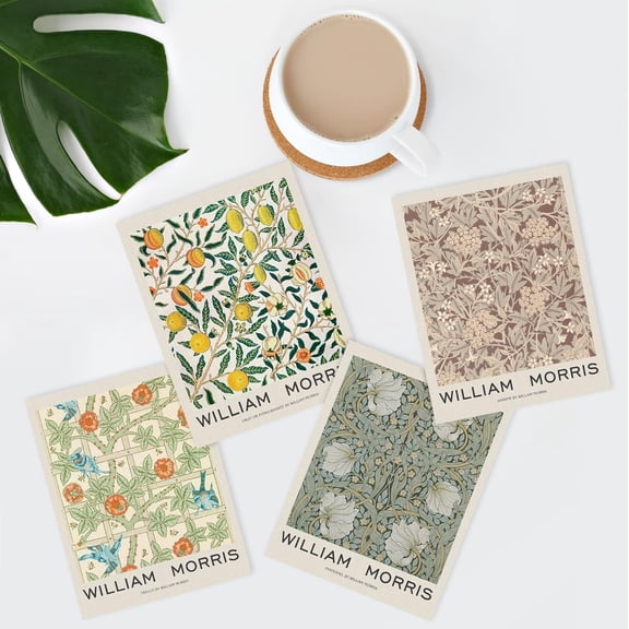 PixonSign Frameless Posters William Morris Abstract Floral Patterns Prints, Set of 4 Country Farmhouse Vintage Flower Wall Décor, Adhesive Canvas Wall Art, Modern Home Artwork - 8"x10"
