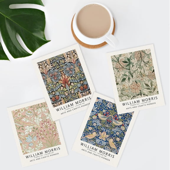 PixonSign Frameless Posters William Morris Floral Tapestry Pattern Prints, Set of 4 Country Farmhouse Vintage Plants Wall Décor, Adhesive Canvas Wall Art, Modern Home Artwork - 8"x10"