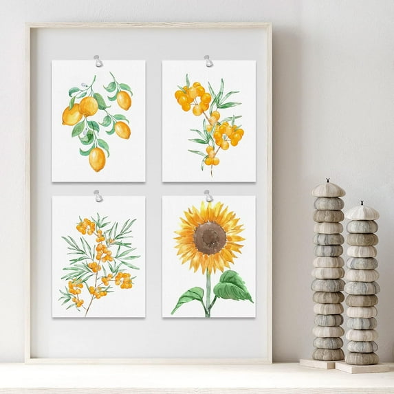 PixonSign Frameless Summer Lemon Fruit Sunflower Plants Wall Art, Set of 4 Nature Wildeflowers Wall Decor Prints, Botanical Floral Wall Décor, Landscape Canvas Poster for Home - 8"x10"
