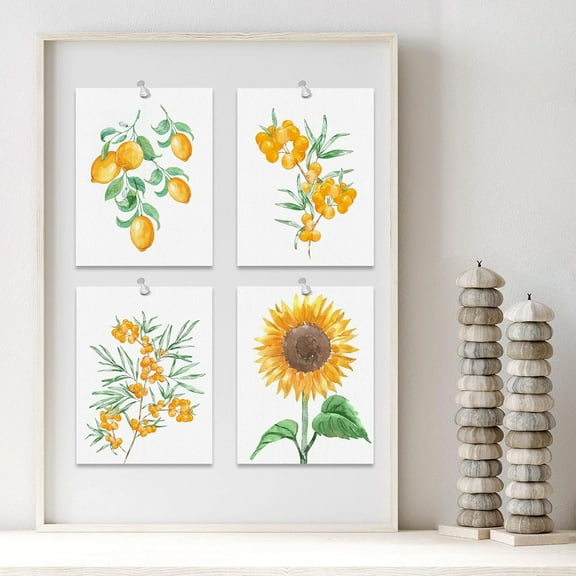 PixonSign Frameless Summer Lemon Fruit Sunflower Plants Wall Art, Set of 4 Nature Wildeflowers Wall Decor Prints, Botanical Floral Wall Décor, Landscape Canvas Poster for Home - 11"x14"