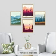 PixonSign Frameless Wall Art Autumn Summer Forest Mountain Landscape Prints, Set of 4 Abstract Geometric Wall Decor Arts, Plant Wall D cor, Adhesive Canvas Poster, Modern Home Artwork - 8"x10"
